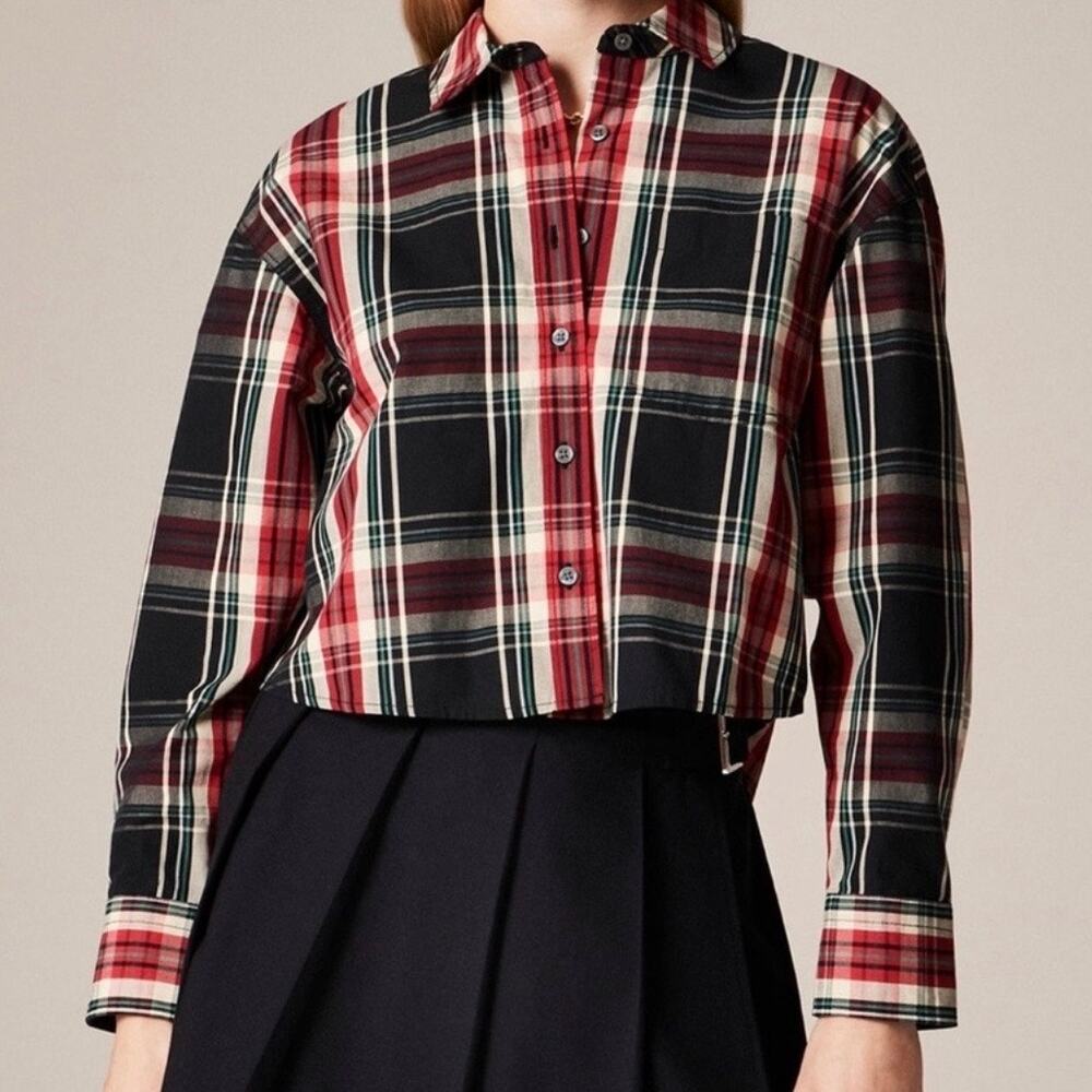 J Crew Cropped Tartan Plaid Button Down Shirt Women's Medium Black Red